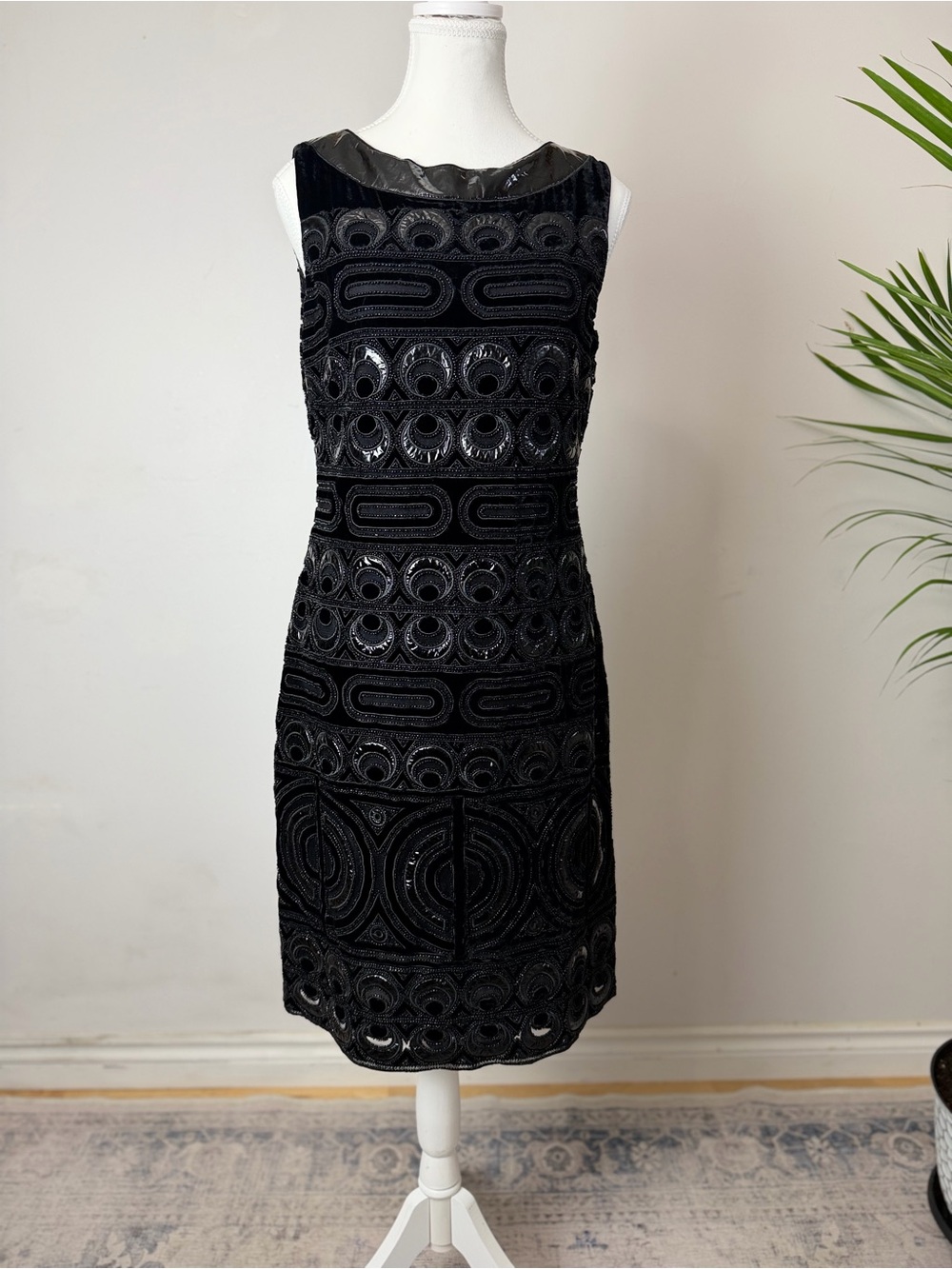 Tory Burch Black Sleeveless Midi Dress with Geometric Sequin Detail